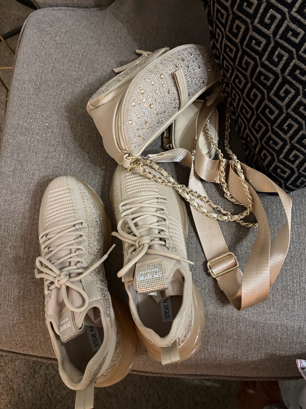Steve Madden Beige Rhinestone Accent Knit Sneakers with Matching Crossbody